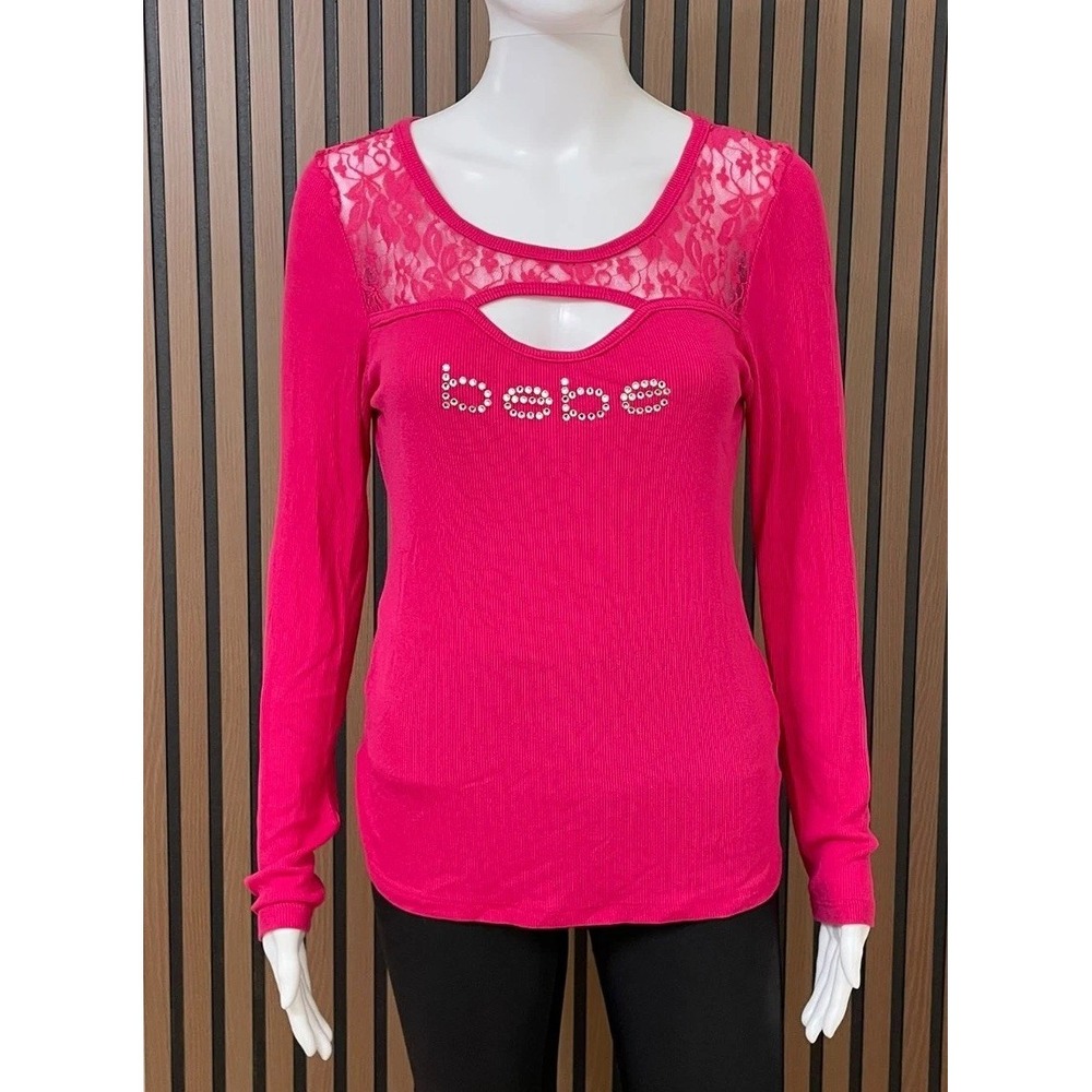 Bebe Women's‎ L Pink Blouse Top Rhinestone Ribbed Cutout Y2k Vintage